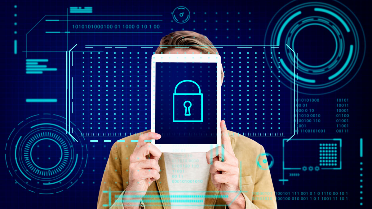 woman holding tablet over face with security graphic overlay